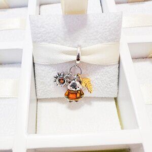 925 Sterling Silver Plated Autumn Bear Charm With Sun And Flower Fits Pandora
